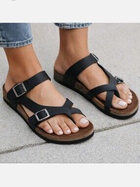 Mountain Sole Women's Leather Footbed Sandals Black Adjustable‎ Buckle